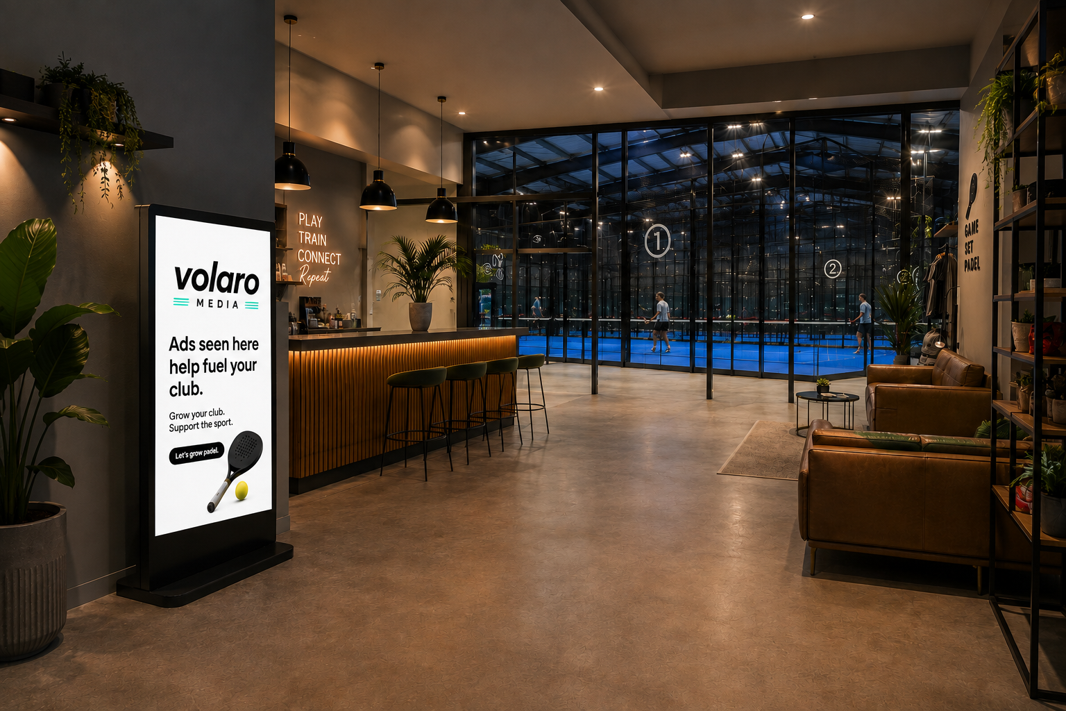 Volaro digital kiosk in padel club lounge