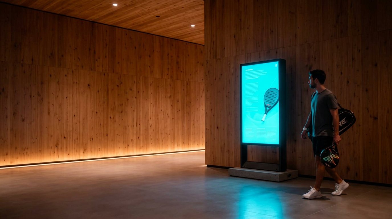 Padel venue lobby with digital display